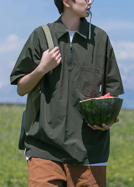 Pockets Black Zip Solid Shirt Men Polo Cotton New Summer Up FashionChic