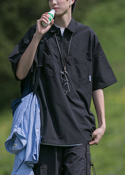 Pockets Black Zip Solid Shirt Men Polo Cotton New Summer Up FashionChic