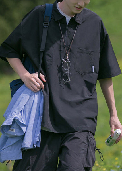 Pockets Black Zip Solid Shirt Men Polo Cotton New Summer Up FashionChic