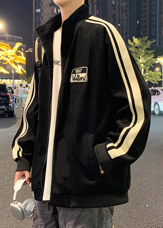 Black New Striped Spring Zip Cotton Men Up Coat FashionChic