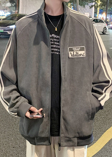 Black New Striped Spring Zip Cotton Men Up Coat FashionChic