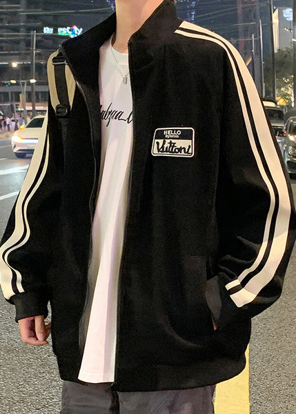 Black New Striped Spring Zip Cotton Men Up Coat FashionChic
