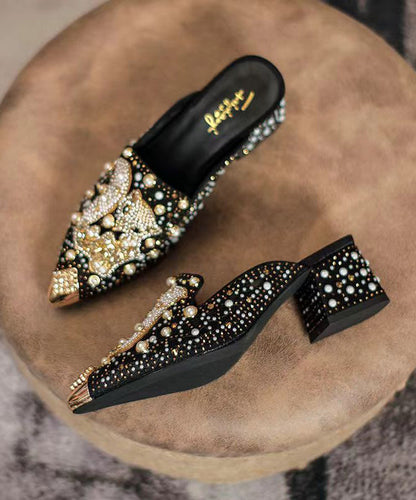 New Black Zircon Chunky Heel Pointed Toe Slide Sandals CZ1060 Ada Fashion