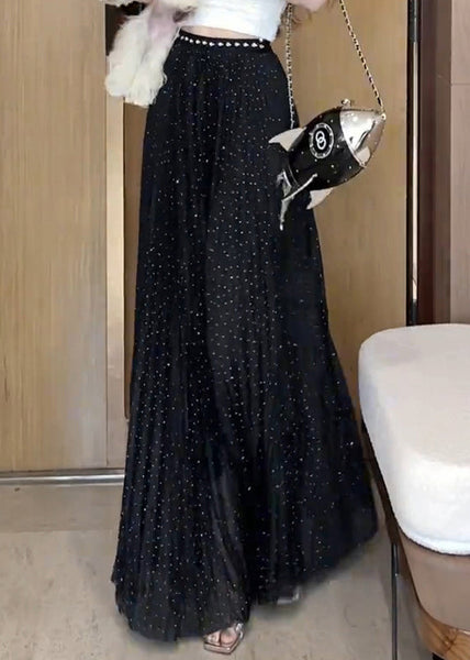 Skirts Summer Zircon Wrinkled Maxi Tulle Black New FashionChic