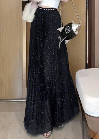 Skirts Summer Zircon Wrinkled Maxi Tulle Black New FashionChic