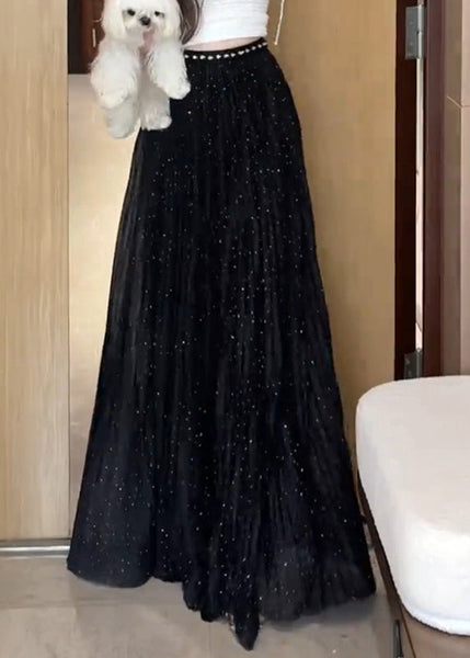 Skirts Summer Zircon Wrinkled Maxi Tulle Black New FashionChic