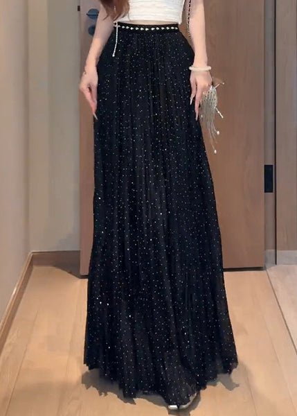 Skirts Summer Zircon Wrinkled Maxi Tulle Black New FashionChic