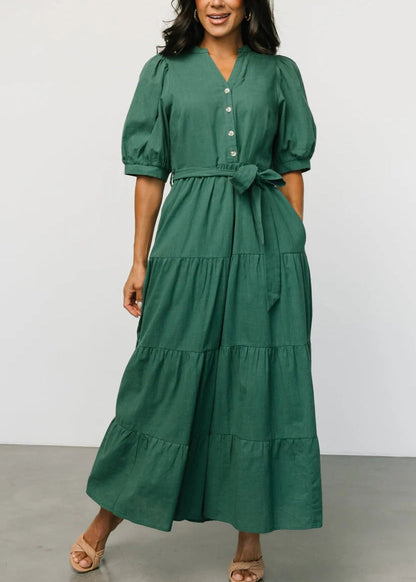 New Blackish Green Tie Waist Solid Cotton Dress Short Sleeve AU1003 OM-ZS240902