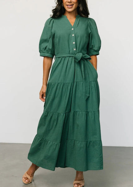 New Blackish Green Tie Waist Solid Cotton Dress Short Sleeve AU1003 OM-ZS240902