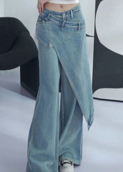 New Blue Asymmetrical High Waist Denim Pants Summer AW1001 OM-NZ240827