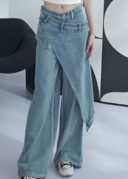 New Blue Asymmetrical High Waist Denim Pants Summer AW1001 OM-NZ240827
