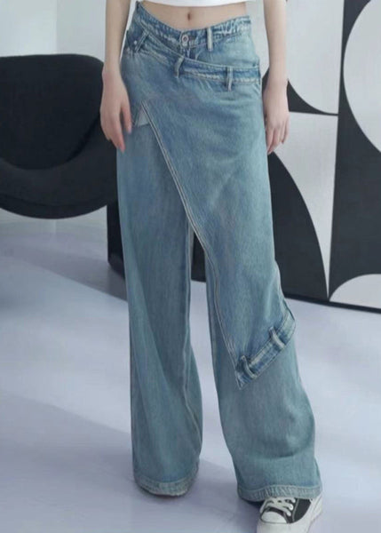 New Blue Asymmetrical High Waist Denim Pants Summer AW1001 OM-NZ240827