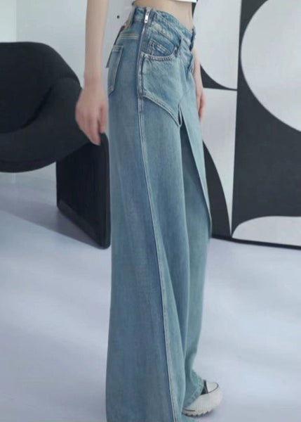 New Blue Asymmetrical High Waist Denim Pants Summer AW1001 OM-NZ240827