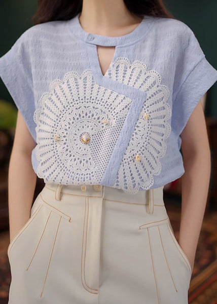 Blue Cotton Shirt Asymmetrical Out New Summer Hollow FashionChic