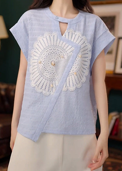 Blue Cotton Shirt Asymmetrical Out New Summer Hollow FashionChic
