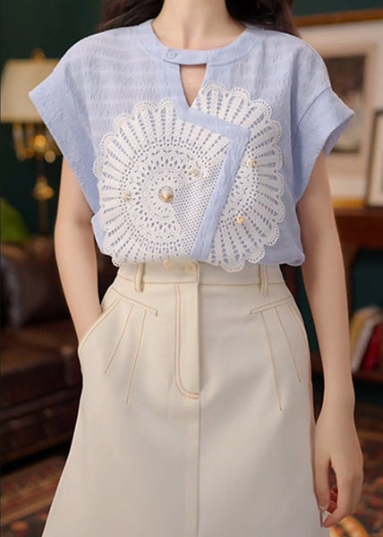 Blue Cotton Shirt Asymmetrical Out New Summer Hollow FashionChic