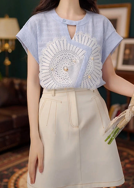 Blue Cotton Shirt Asymmetrical Out New Summer Hollow FashionChic