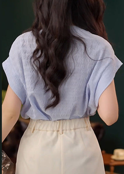 Blue Cotton Shirt Asymmetrical Out New Summer Hollow FashionChic