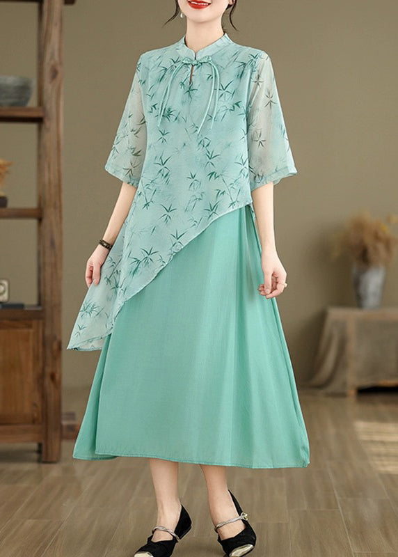 New Blue Asymmetrical Print Cotton Long Dresses Half Sleeve JH049 MMDM-SDL240717