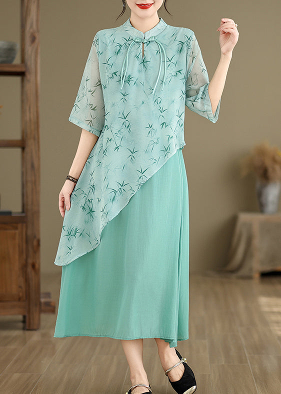 New Blue Asymmetrical Print Cotton Long Dresses Half Sleeve JH049 MMDM-SDL240717