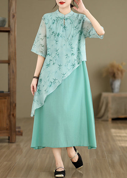 New Blue Asymmetrical Print Cotton Long Dresses Half Sleeve JH049 MMDM-SDL240717