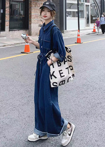 New Blue Button Lace Up Pockets Denim Jumpsuit Long Sleeve MN046 MMDM-JPTS240704