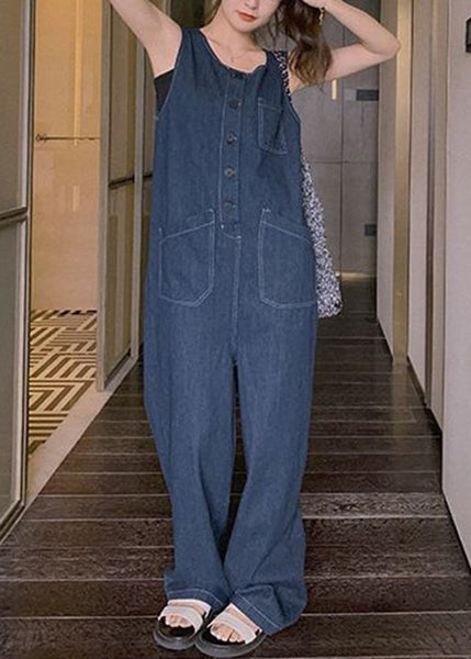 New Blue Button Pockets Denim Jumpsuit Sleeveless XX029 SH-LF-JPTS240611