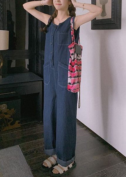 New Blue Button Pockets Denim Jumpsuit Sleeveless XX029 SH-LF-JPTS240611