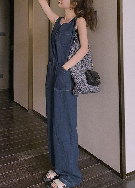 New Blue Button Pockets Denim Jumpsuit Sleeveless XX029 SH-LF-JPTS240611