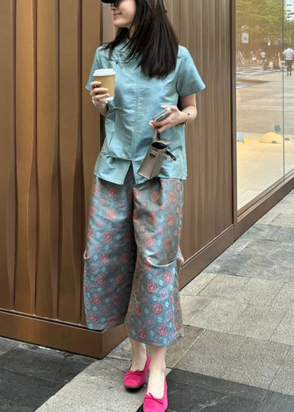 New Blue Button Shirt And Crop Pants Two-Piece Set Summer QT031 OL-TPIEC241001