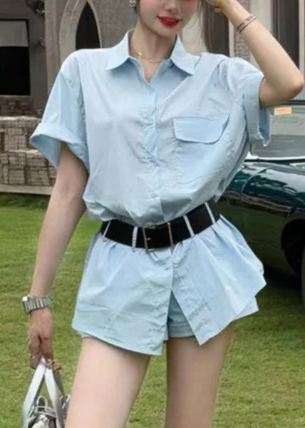 Two Piece New And Blue Summer Shorts Set Cotton Button Shirts FashionChic