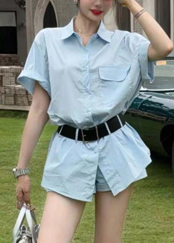 Two Piece New And Blue Summer Shorts Set Cotton Button Shirts FashionChic