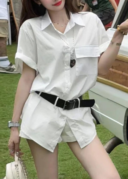 Two Piece New And Blue Summer Shorts Set Cotton Button Shirts FashionChic