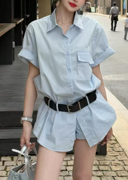 Two Piece New And Blue Summer Shorts Set Cotton Button Shirts FashionChic