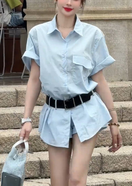 Two Piece New And Blue Summer Shorts Set Cotton Button Shirts FashionChic