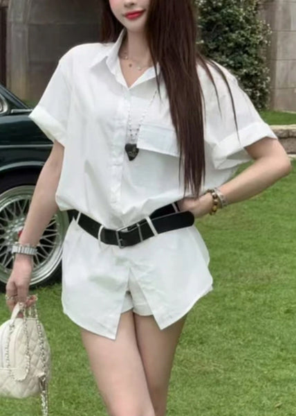 Two Piece New And Blue Summer Shorts Set Cotton Button Shirts FashionChic