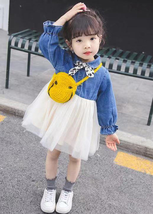 New Blue Button Tulle Patchwork Girls Dress Flare Sleeve XZ095 FALL-MM-RCTZ-FDGM240618