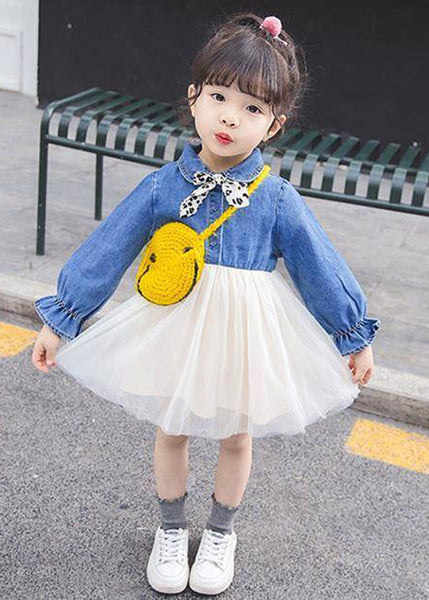 New Blue Button Tulle Patchwork Girls Dress Flare Sleeve XZ095 FALL-MM-RCTZ-FDGM240618