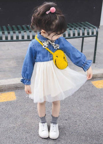 New Blue Button Tulle Patchwork Girls Dress Flare Sleeve XZ095 FALL-MM-RCTZ-FDGM240618