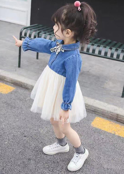 New Blue Button Tulle Patchwork Girls Dress Flare Sleeve XZ095 FALL-MM-RCTZ-FDGM240618