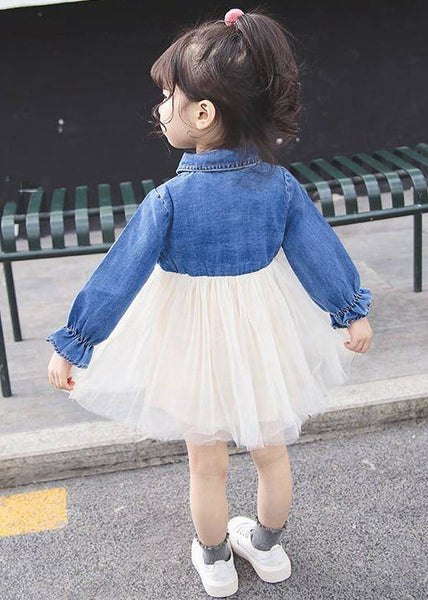 New Blue Button Tulle Patchwork Girls Dress Flare Sleeve XZ095 FALL-MM-RCTZ-FDGM240618