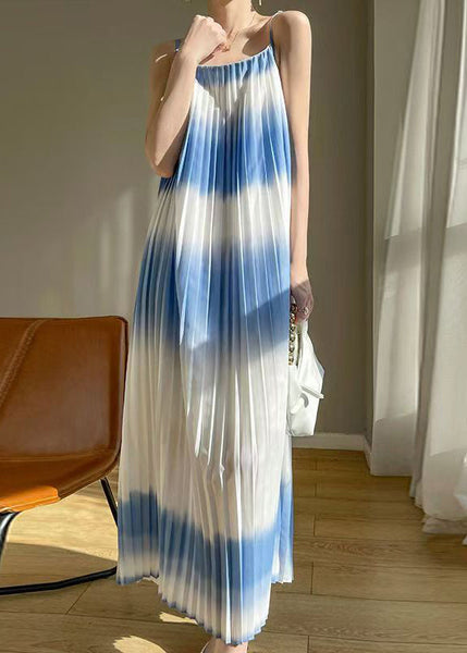 New Blue Cold Shoulder Wrinkled Cotton Long Dress Summer AB1014 Genistyle Shop