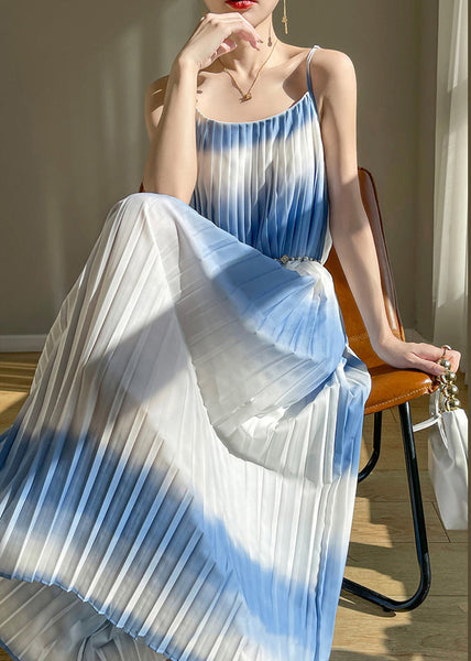 New Blue Cold Shoulder Wrinkled Cotton Long Dress Summer AB1014 Genistyle Shop