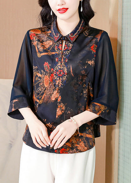 New Blue Embroidered Button Silk Shirt Bracelet Sleeve OP1068 Ada Fashion