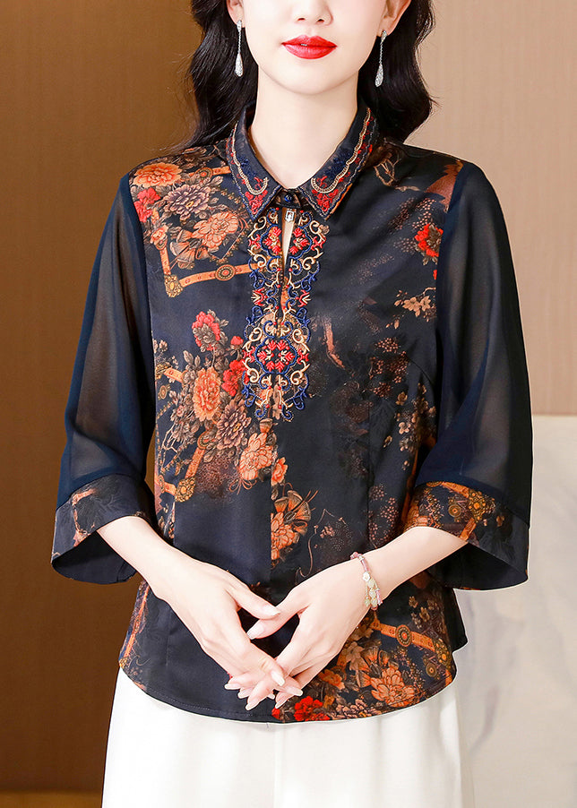 New Blue Embroidered Button Silk Shirt Bracelet Sleeve OP1068 Ada Fashion