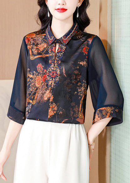 New Blue Embroidered Button Silk Shirt Bracelet Sleeve OP1068 Ada Fashion