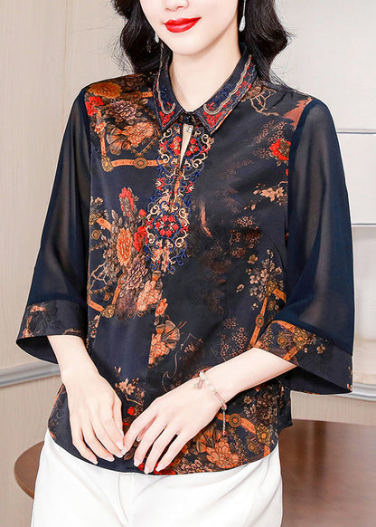 New Blue Embroidered Button Silk Shirt Bracelet Sleeve OP1068 Ada Fashion