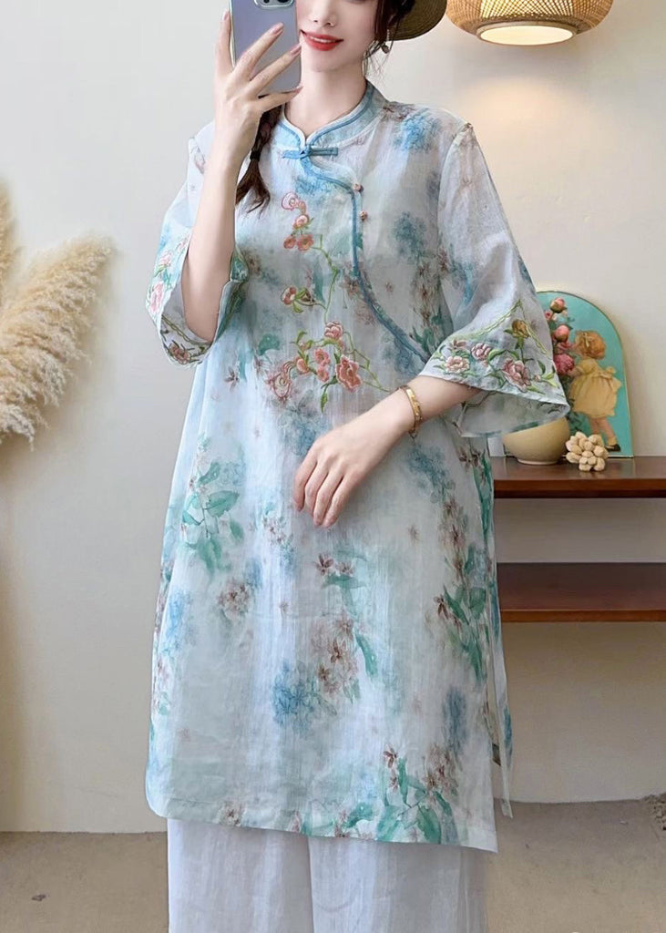 New Blue Embroidered Chinese Button Linen Blouses Half Sleeve JH016 MMDM-HTP240717