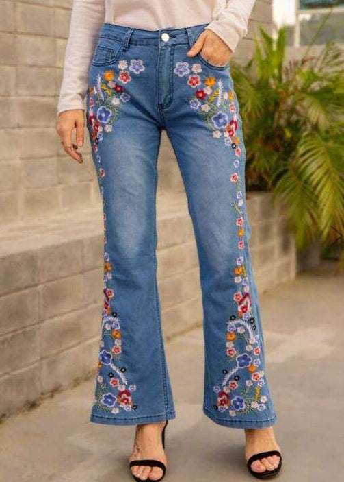 New Spring Waist Blue Denim Trousers Flared High Embroidered FashionChic