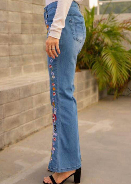 New Spring Waist Blue Denim Trousers Flared High Embroidered FashionChic